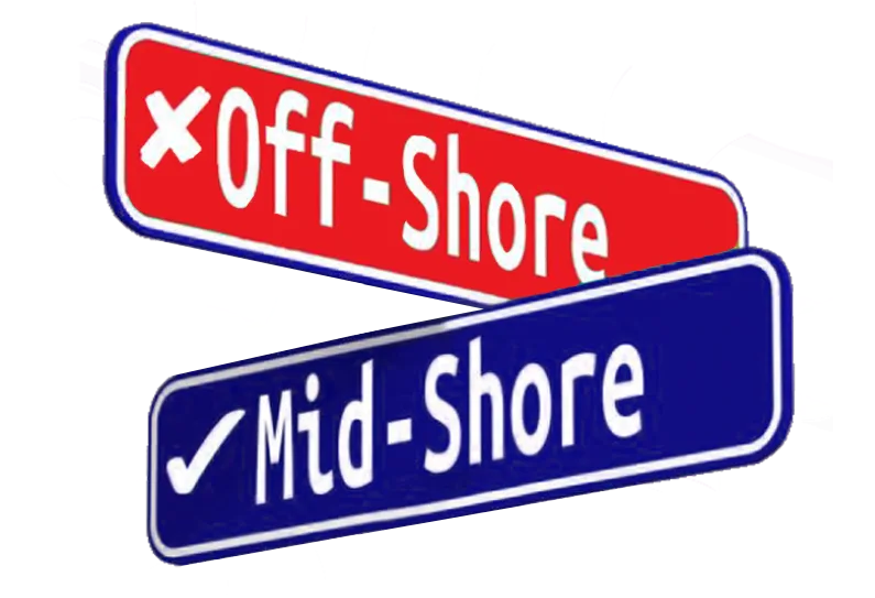 Two street-sign plates: a red one reading Off-Shore crossed out, a blue one reading Mid-Shore ticked