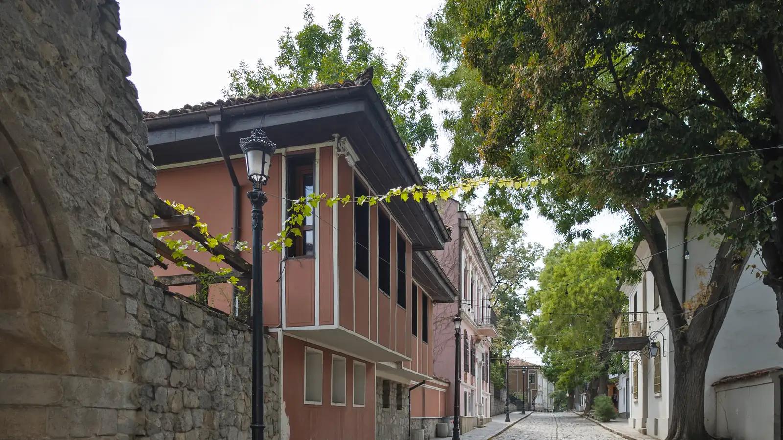 Traditional houses on a cobbled street in the old town of Plovdiv, Bulgaria