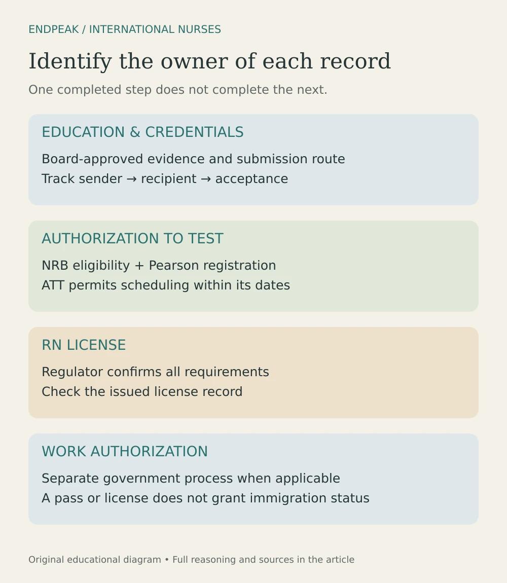 Four records for international nurses: education and credentials, ATT, RN license, and separate work authorization.