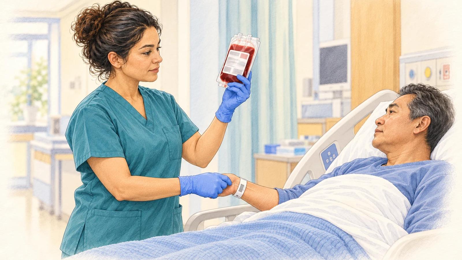 A nurse compares a sealed red-cell component with a patient’s wrist identification before connecting a transfusion.