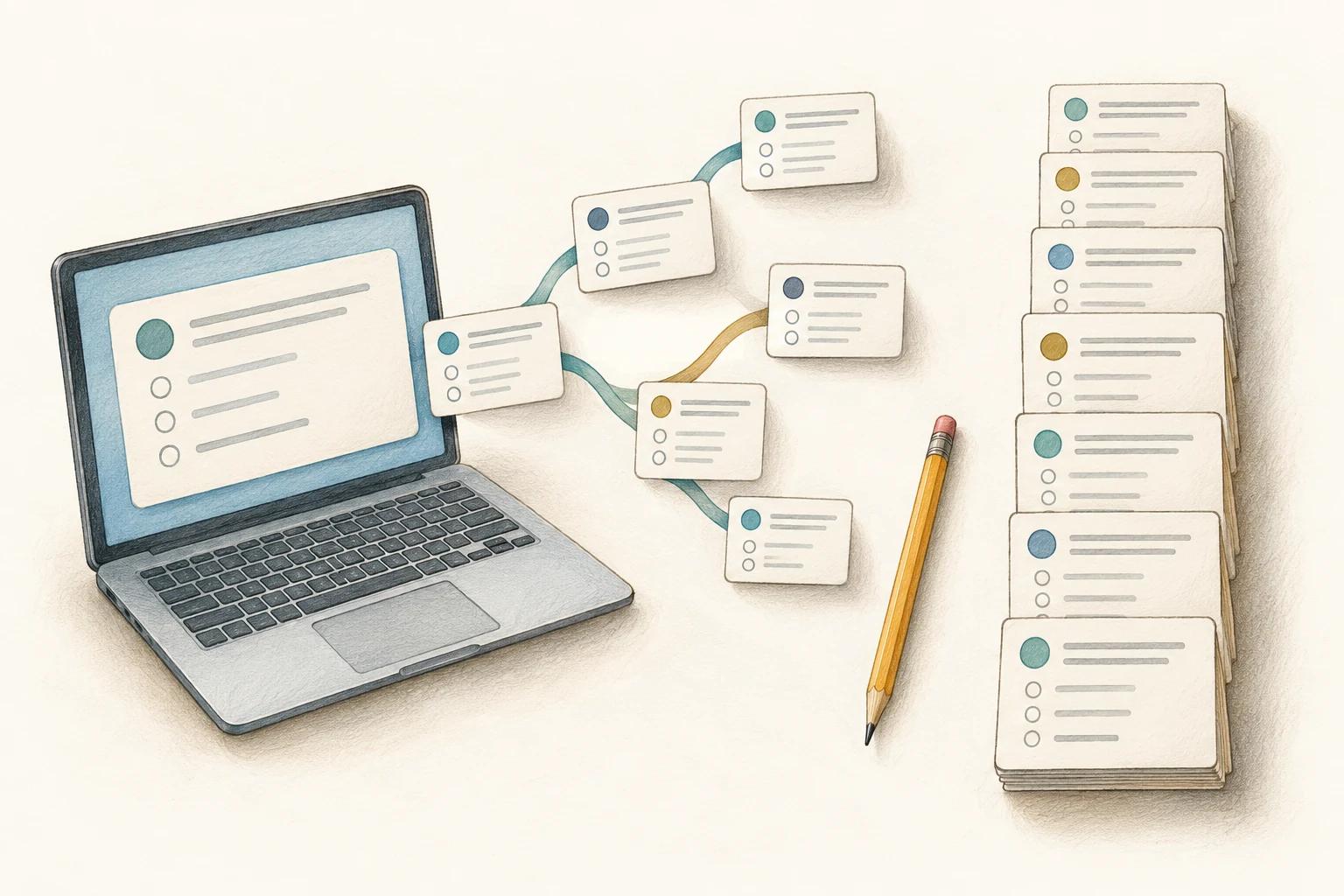 Adaptive practice represented by branching question cards beside a fixed sequence of practice questions.