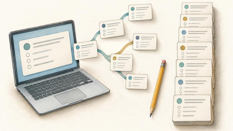Adaptive practice represented by branching question cards beside a fixed sequence of practice questions.