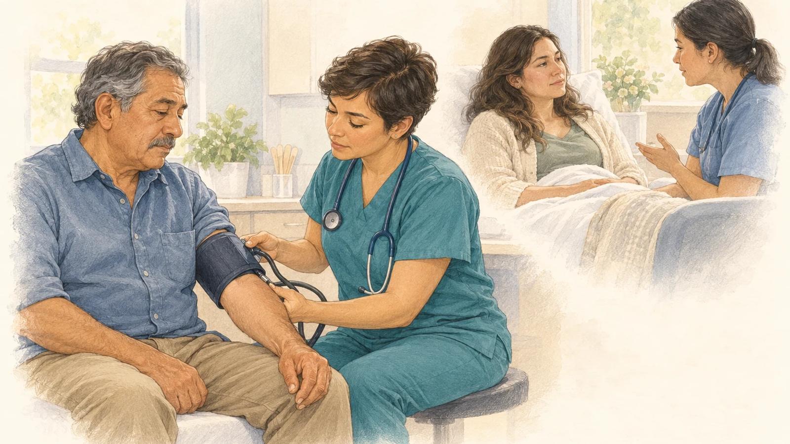 Two watercolor nursing assessment scenes show adults with different presentations of hyperglycemic illness.