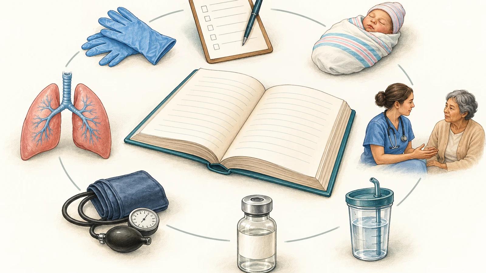 Illustrated nursing curriculum book surrounded by eight study objects representing the breadth of NCLEX-RN preparation.