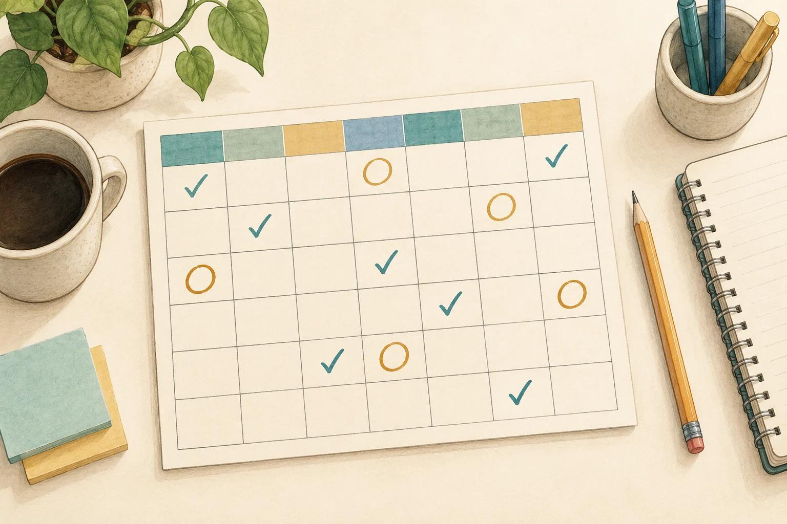Six-week paper study calendar with varied review marks, a notebook and a pencil.