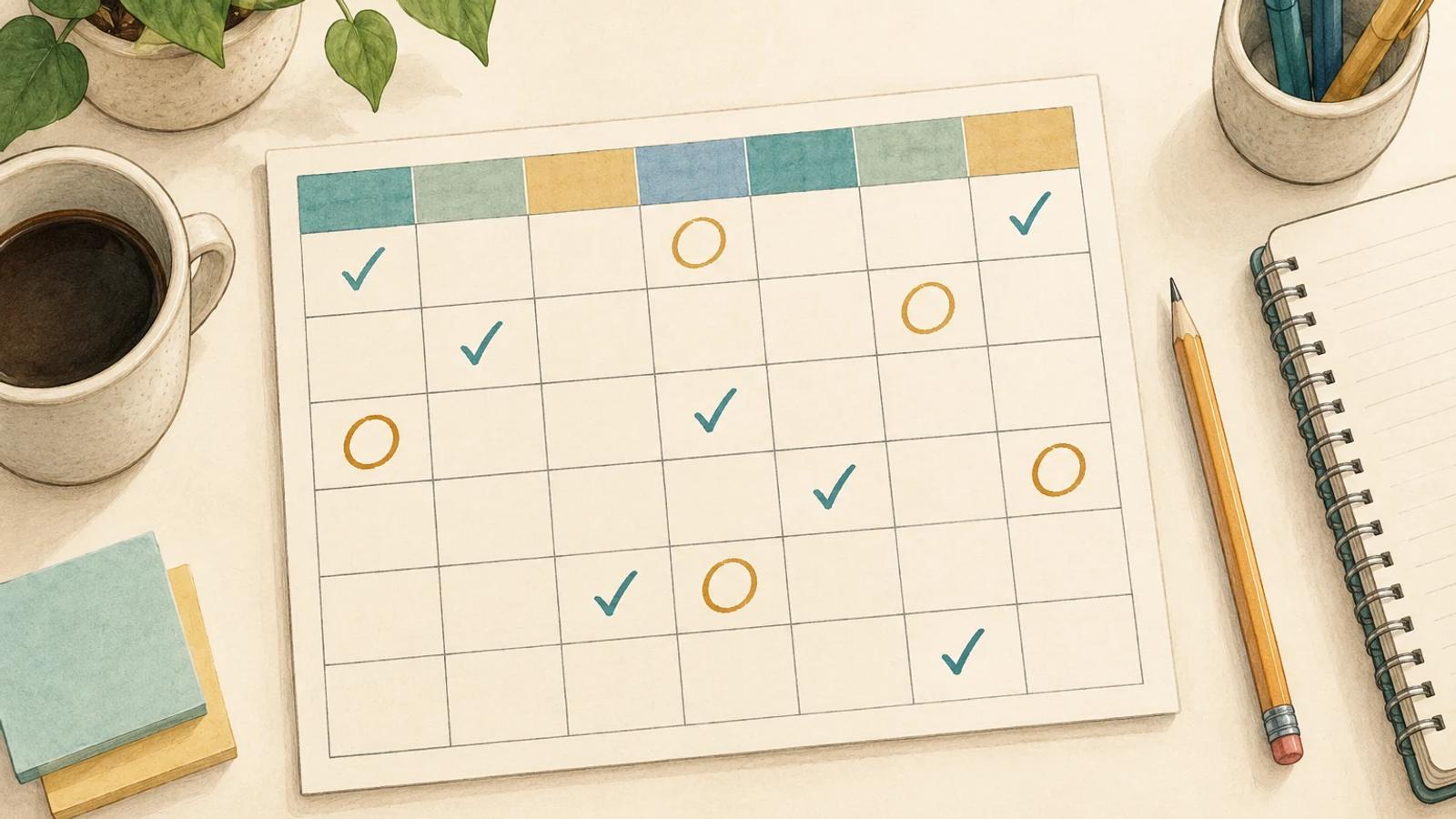 Six-week paper study calendar with varied review marks, a notebook and a pencil.