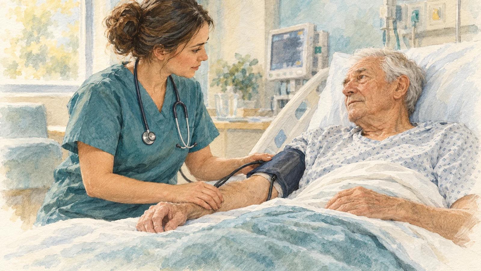 A nurse assesses an older adult patient with a blood pressure cuff in a pencil and watercolor bedside illustration.