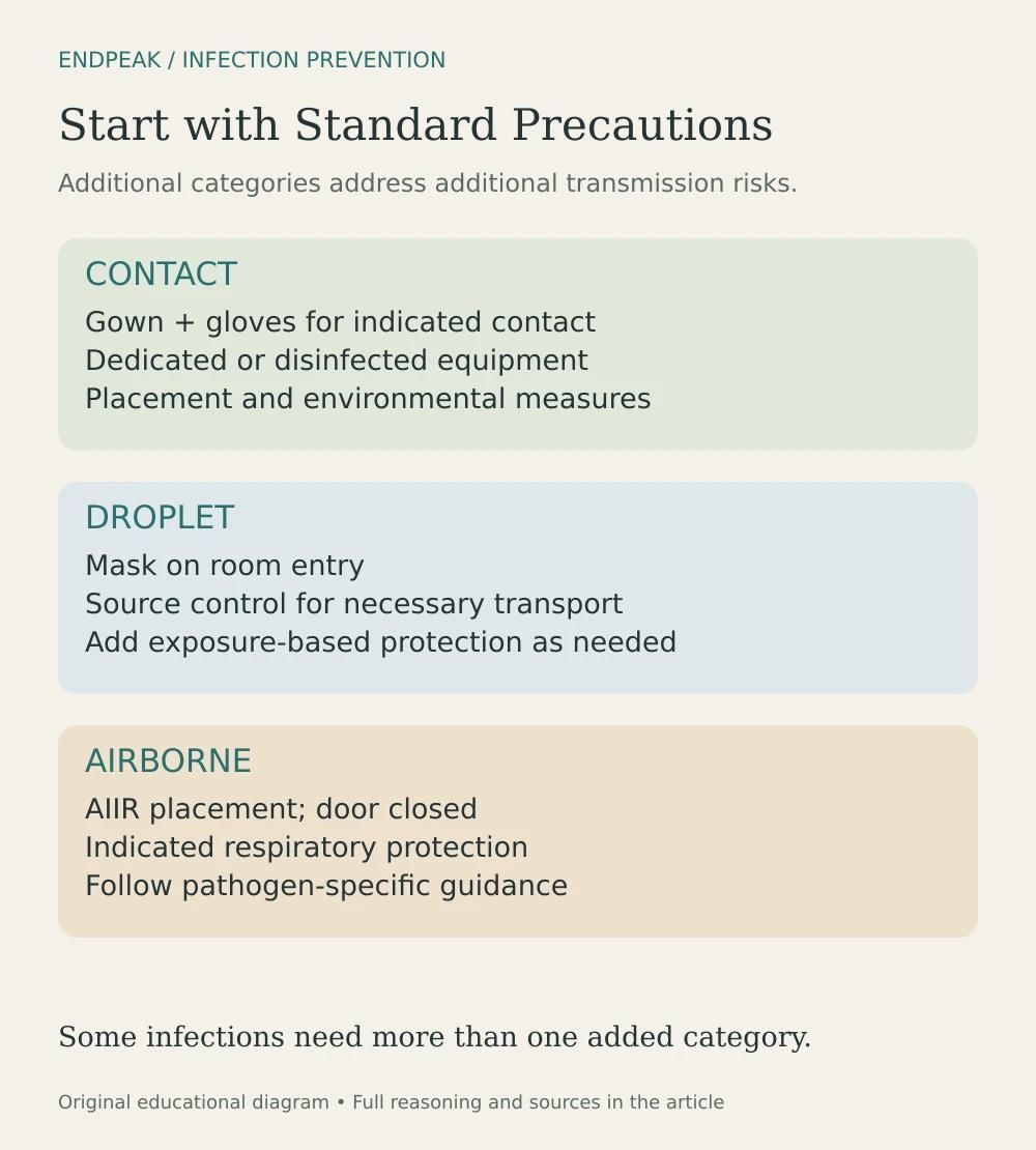 Standard Precautions underlie additional Contact, Droplet and Airborne measures, including equipment, source control and patient placement.