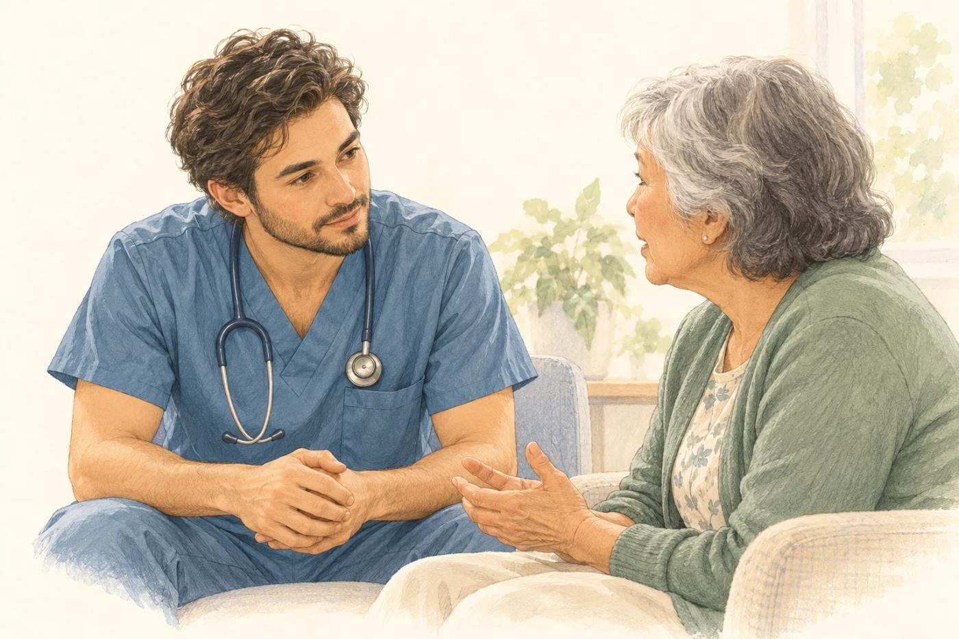 A nurse turns toward an older patient and listens attentively during a conversation.