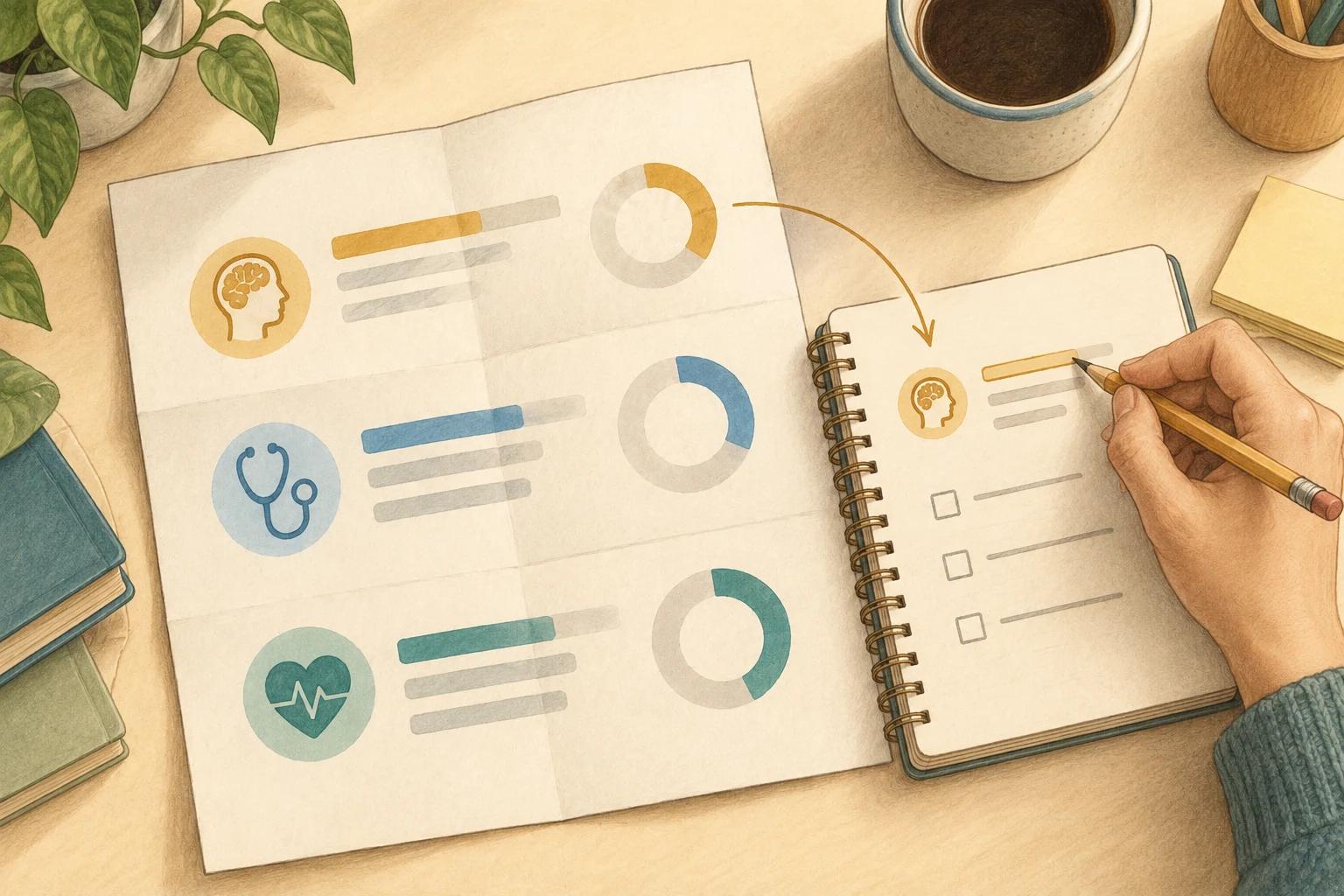 A hand translating selected areas of a generic performance report into a planning notebook.