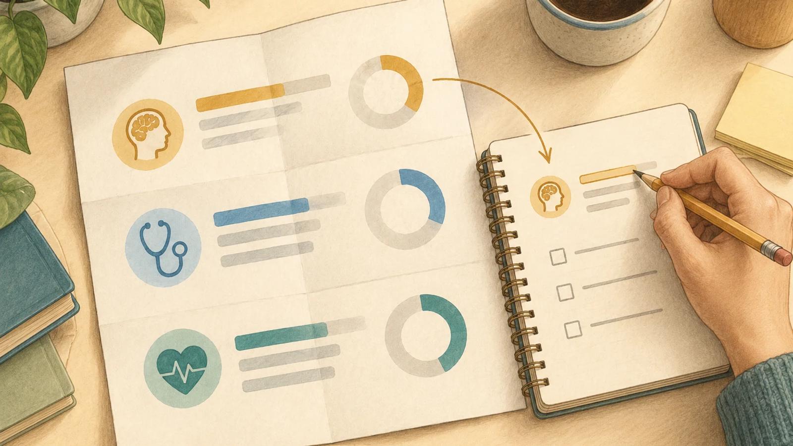 A hand translating selected areas of a generic performance report into a planning notebook.