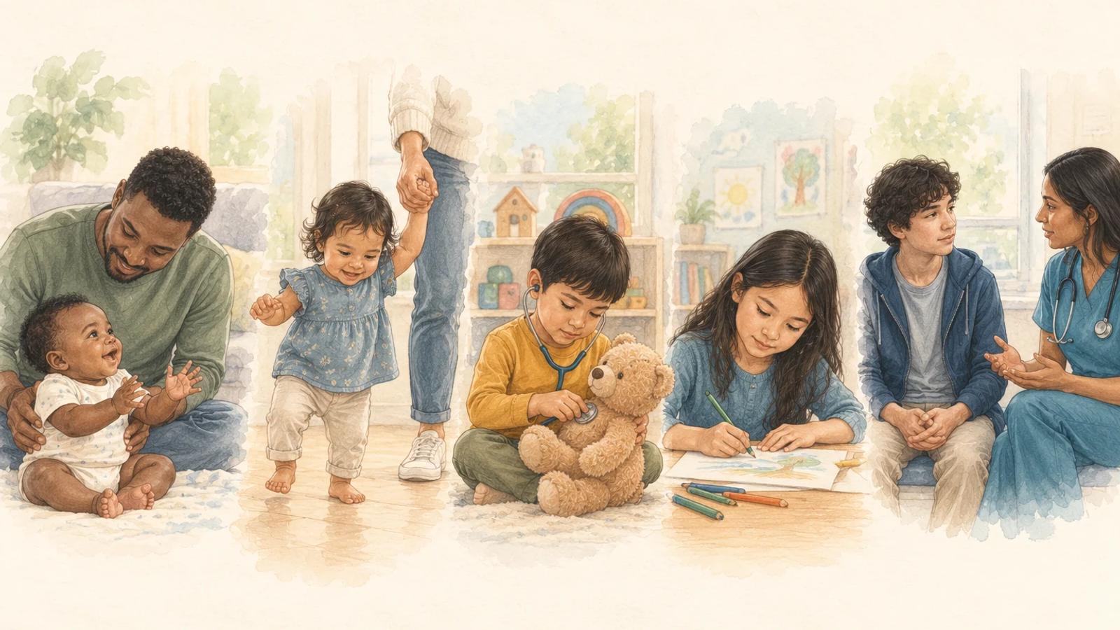 Watercolor vignettes show children and nursing care from infancy through adolescence.