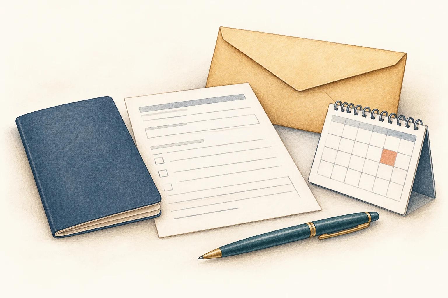 An application form, passport booklet, authorization envelope and appointment calendar represent registration milestones.