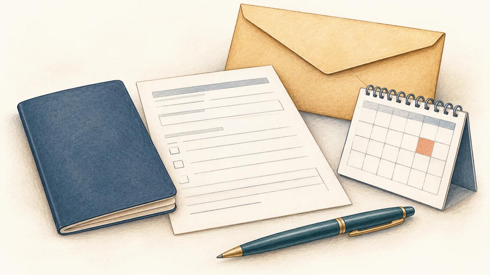 An application form, passport booklet, authorization envelope and appointment calendar represent registration milestones.