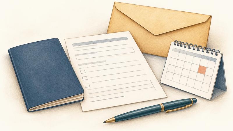 An application form, passport booklet, authorization envelope and appointment calendar represent registration milestones.