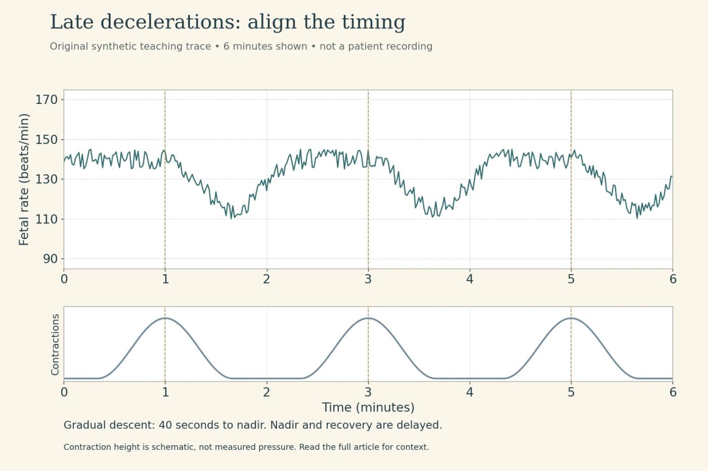 Original late-deceleration trace: gradual fetal heart rate dips reach their nadir after contraction peaks.