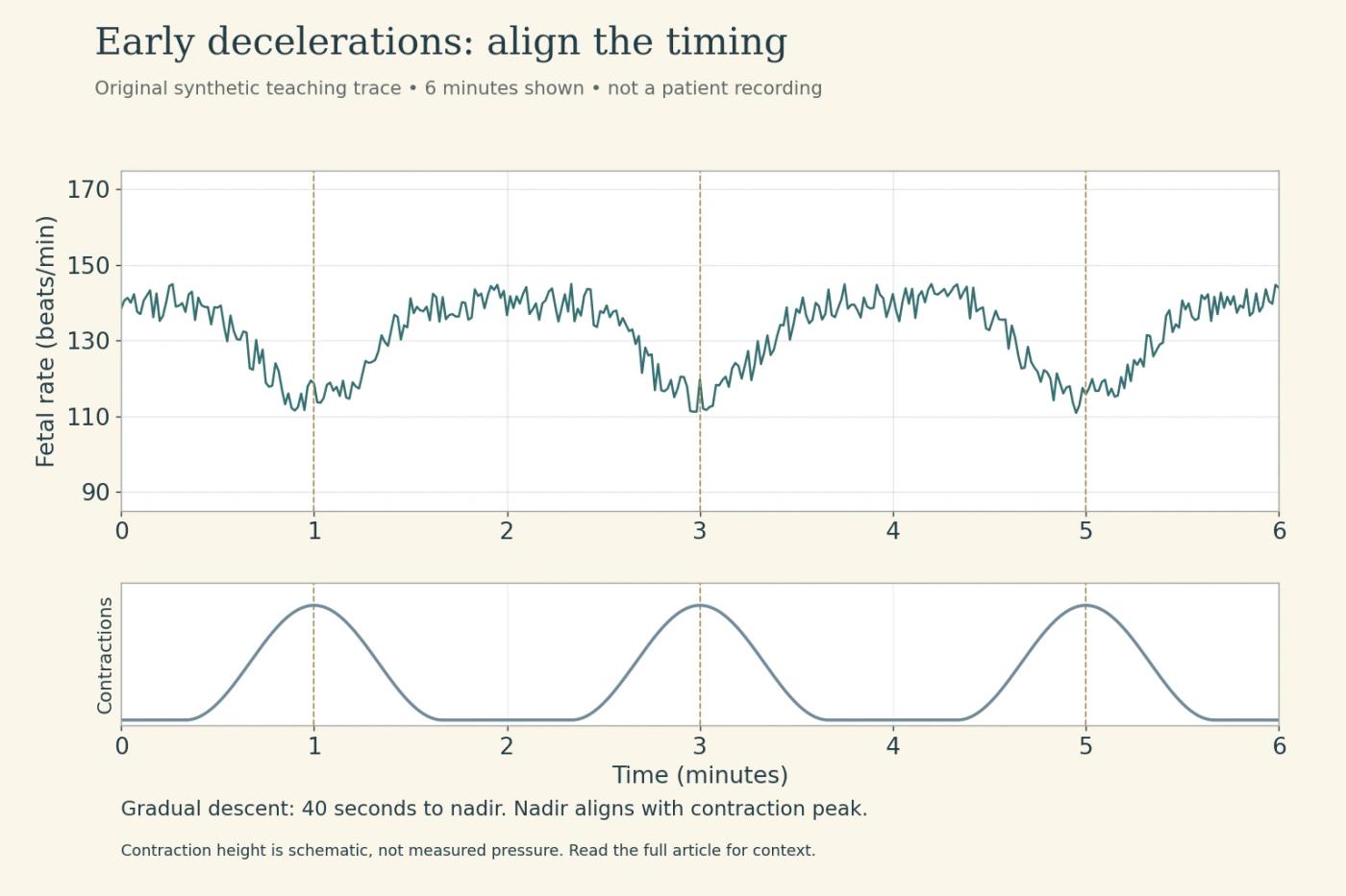Original early-deceleration trace: gradual dips reach their nadir with the contraction peaks.