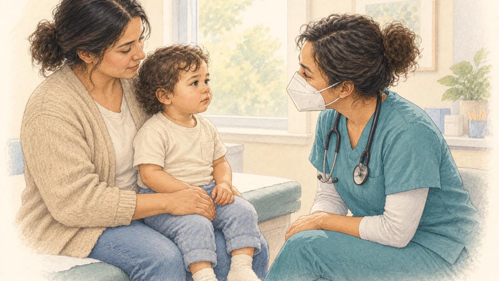 A nurse observes a toddler sitting upright on a caregiver’s lap during a respiratory assessment.
