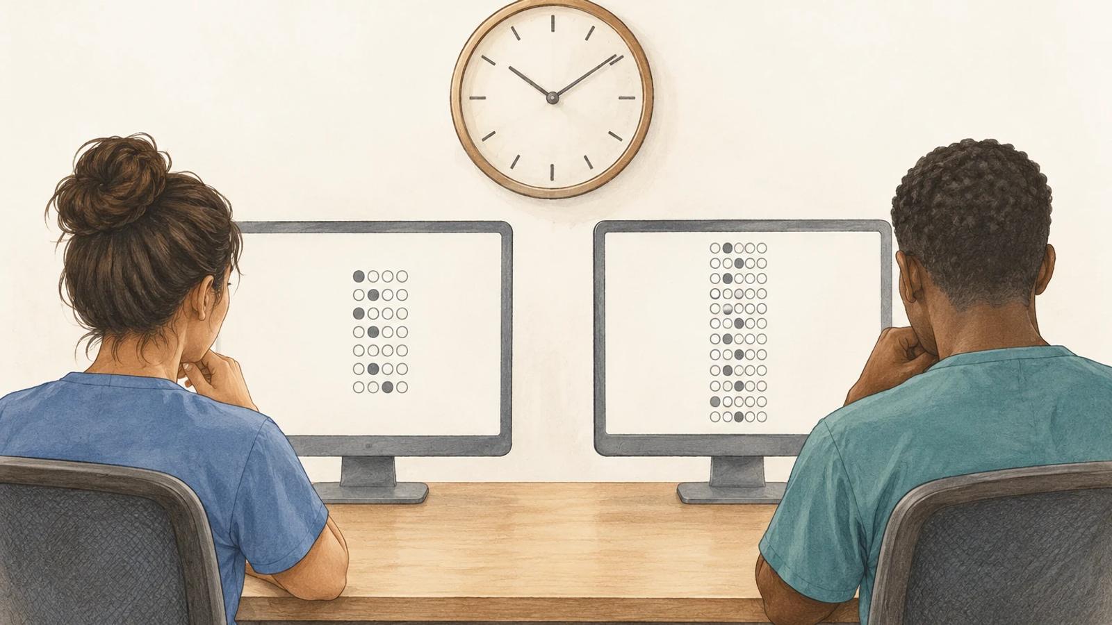 Two neutral exam monitors with different lengths of question markers beside a clock; neither indicates an outcome.
