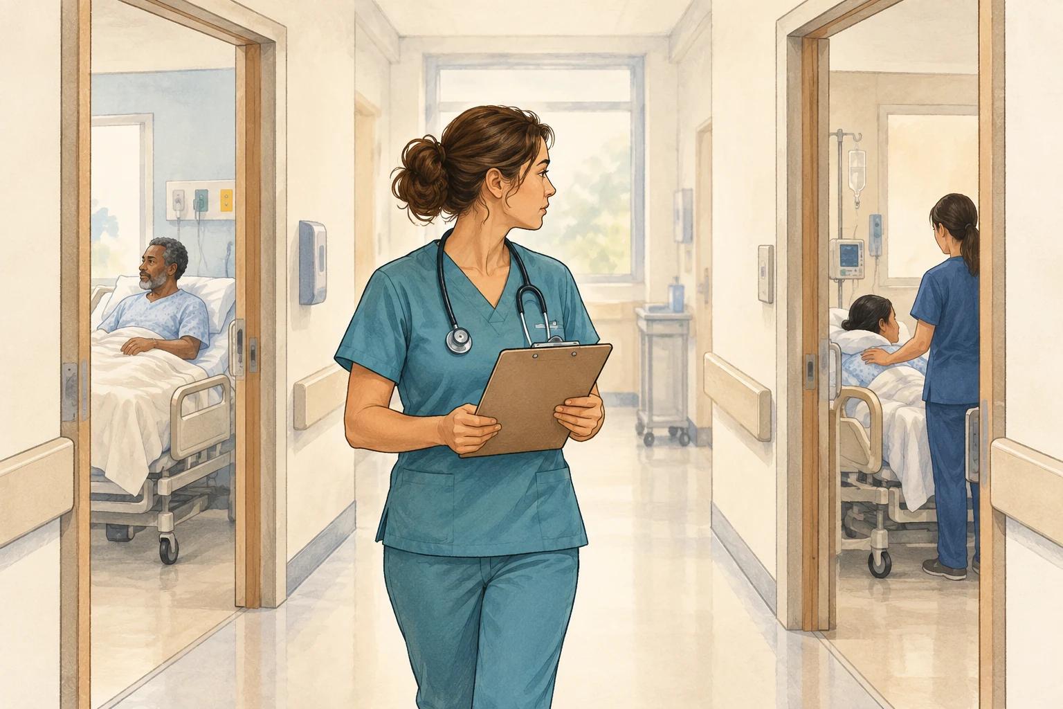 Nurse considering patient information between two hospital rooms, illustrating comparison of current cues.
