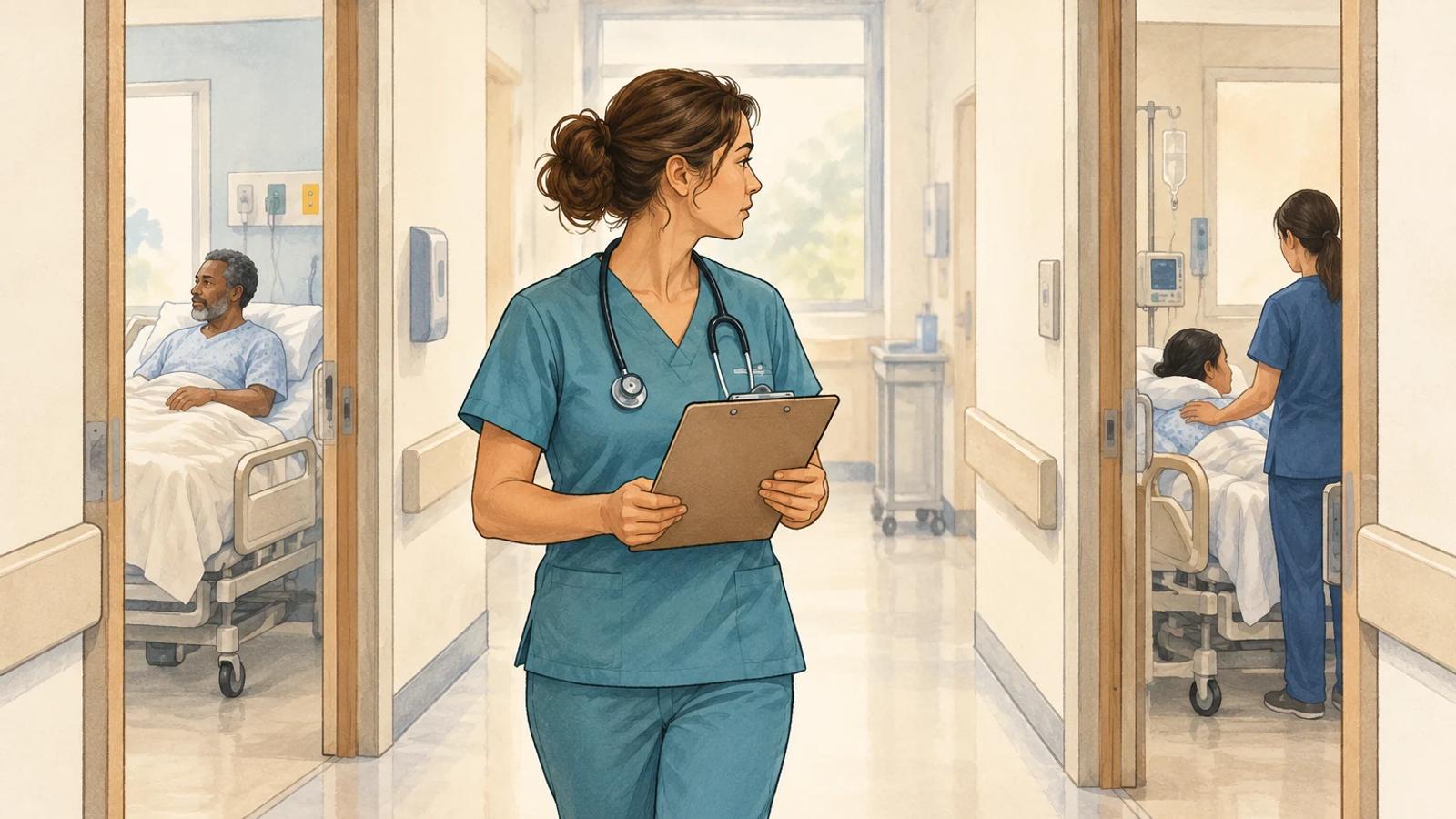 Nurse considering patient information between two hospital rooms, illustrating comparison of current cues.