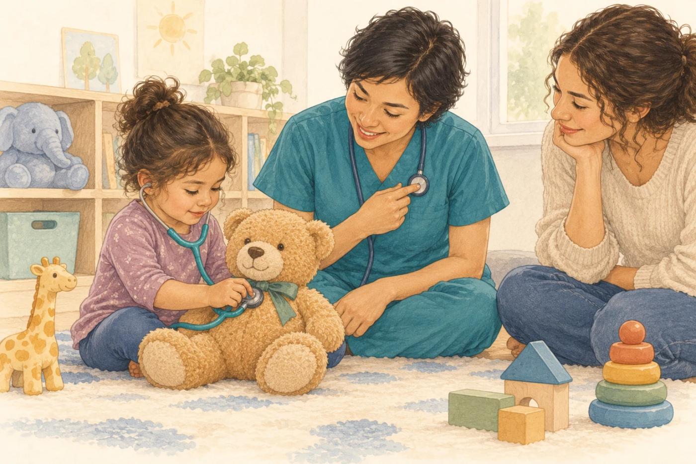 A preschooler explores a toy stethoscope with a teddy bear while a nurse and caregiver participate.