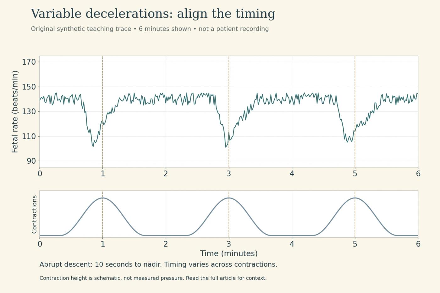Original variable-deceleration trace with abrupt dips and changing timing relative to contractions.