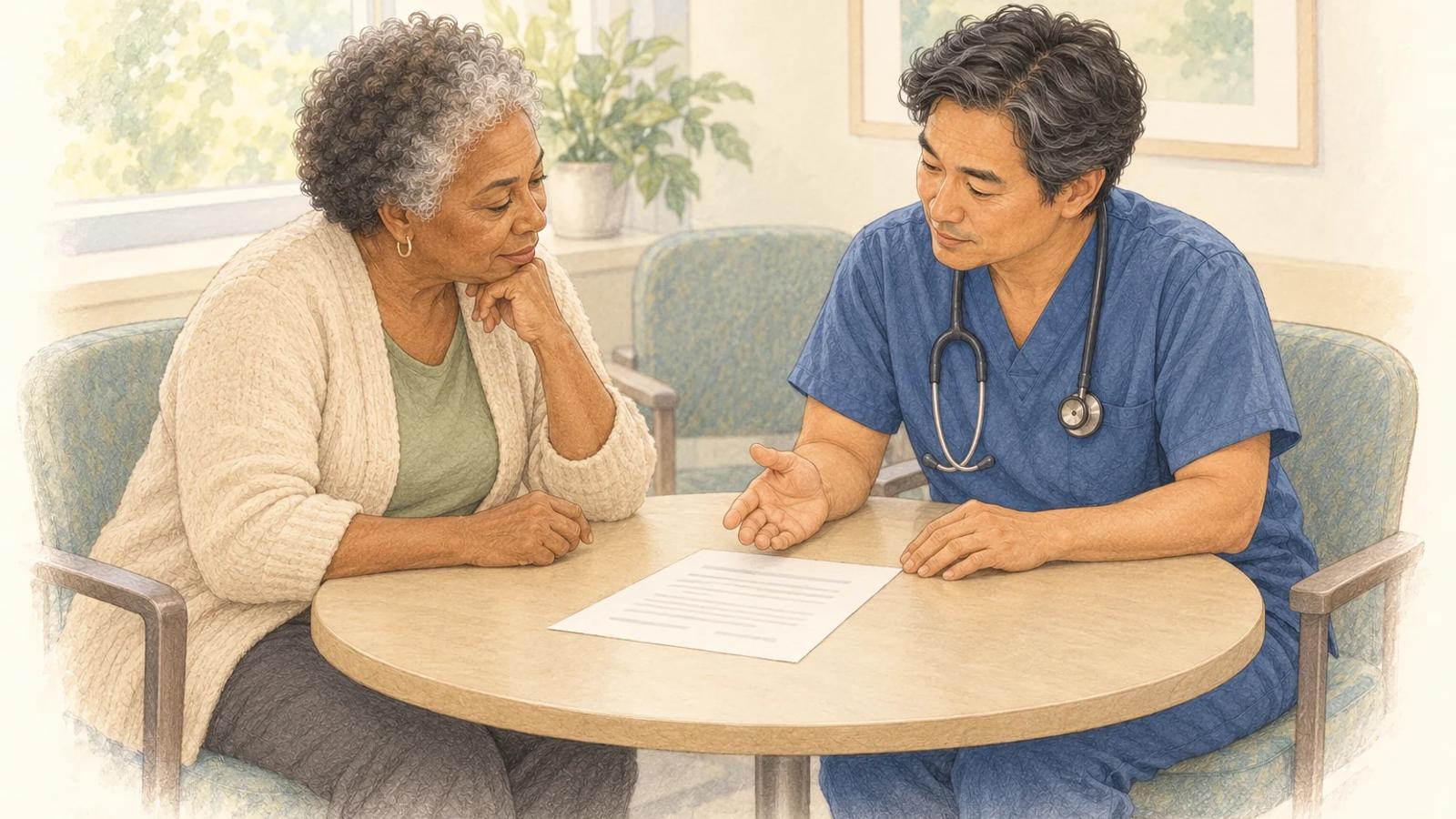 A patient and nurse discuss a consent document at a clinical consultation table in an ivory watercolor illustration.