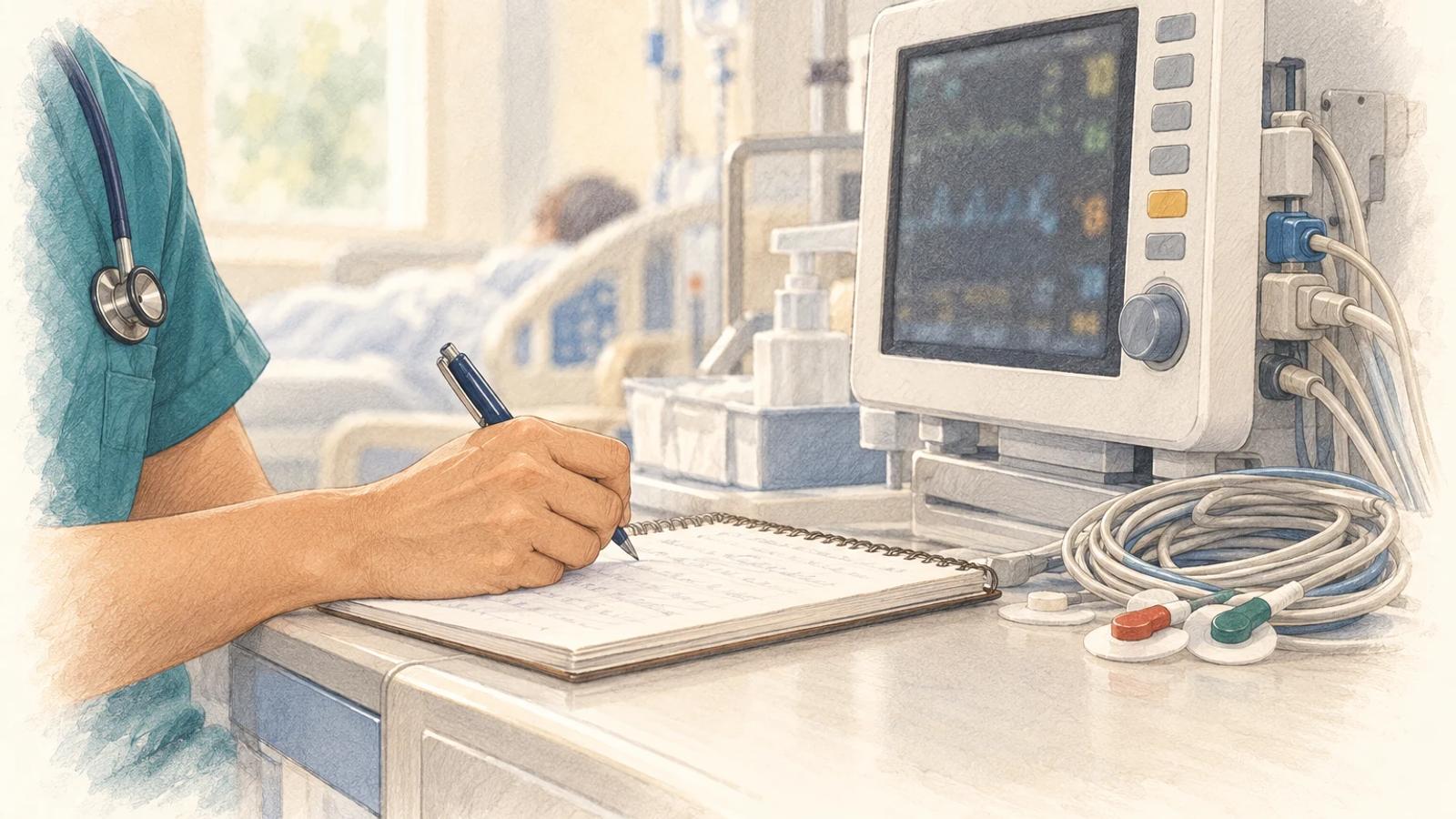 A cardiac monitor, electrodes and nursing notes in a pencil and watercolor bedside scene.