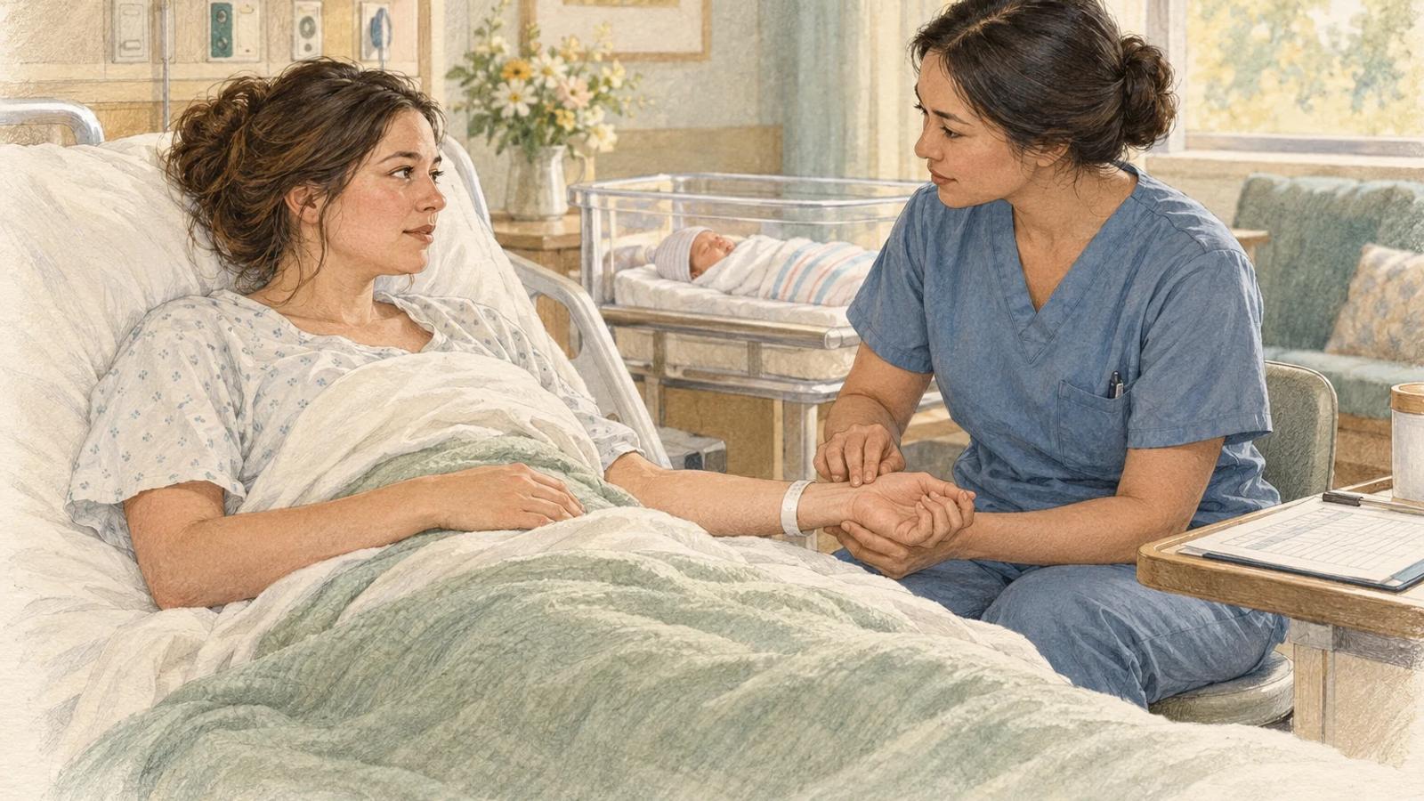 A nurse checks a postpartum patient’s radial pulse beside a newborn bassinet, illustrated in pencil and watercolor.