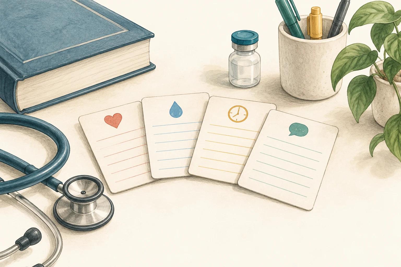 Medication study cards and a reference book arranged for a structured pharmacology review.