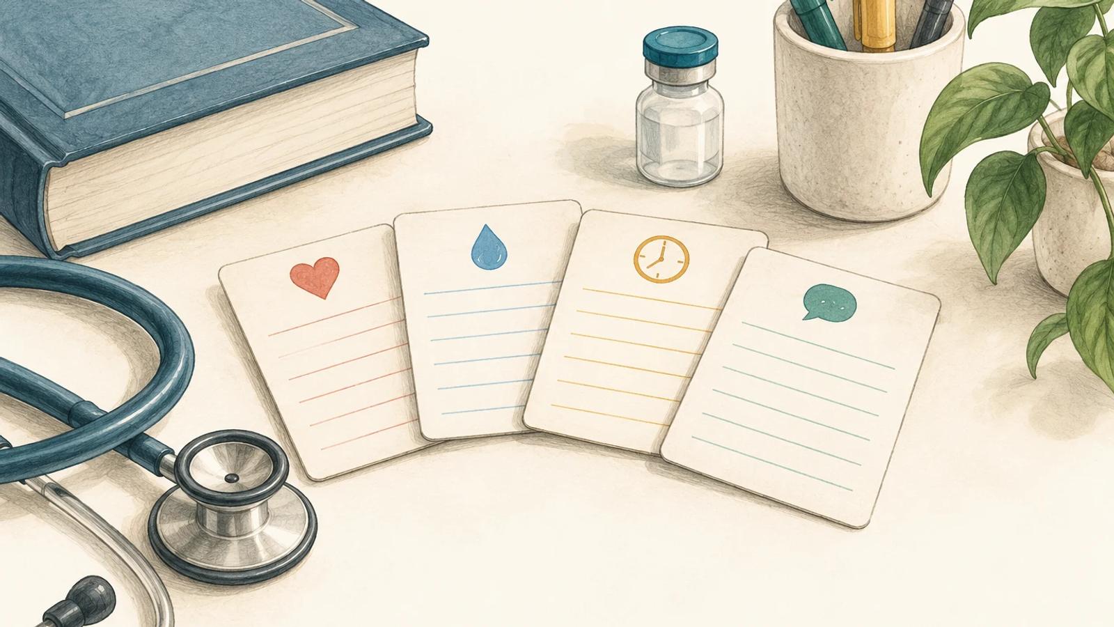 Medication study cards and a reference book arranged for a structured pharmacology review.