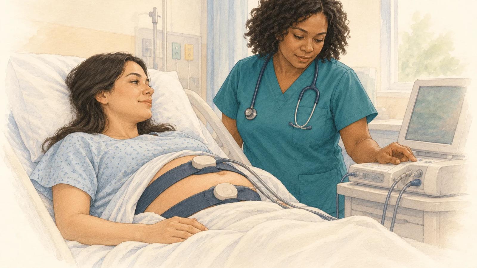 A nurse supports a pregnant patient during external fetal monitoring, illustrated in watercolor and pencil.