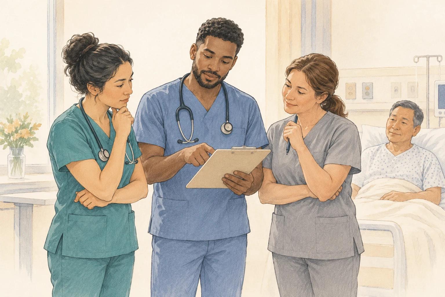 Three nursing care-team members discussing patient information during a bedside huddle.