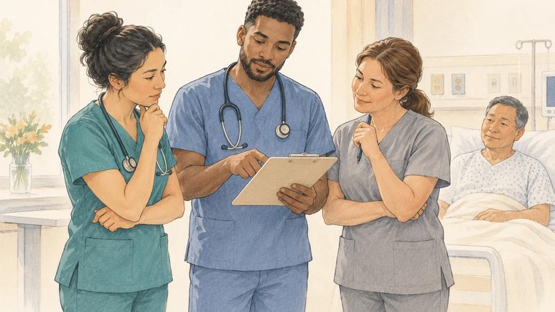 Three nursing care-team members discussing patient information during a bedside huddle.