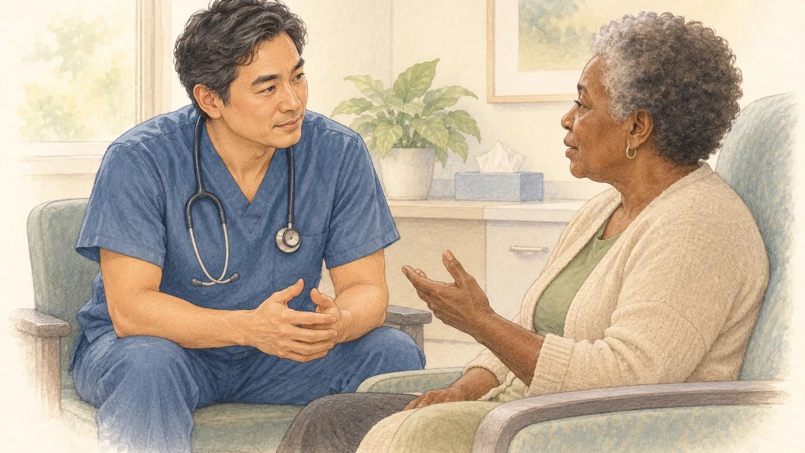 A nurse listens to an older patient in an ivory watercolor clinical illustration.