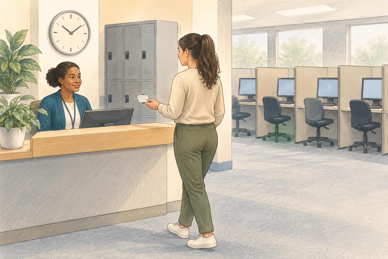 Candidate arriving at an examination-center reception with physical identification, lockers and testing cubicles in view.