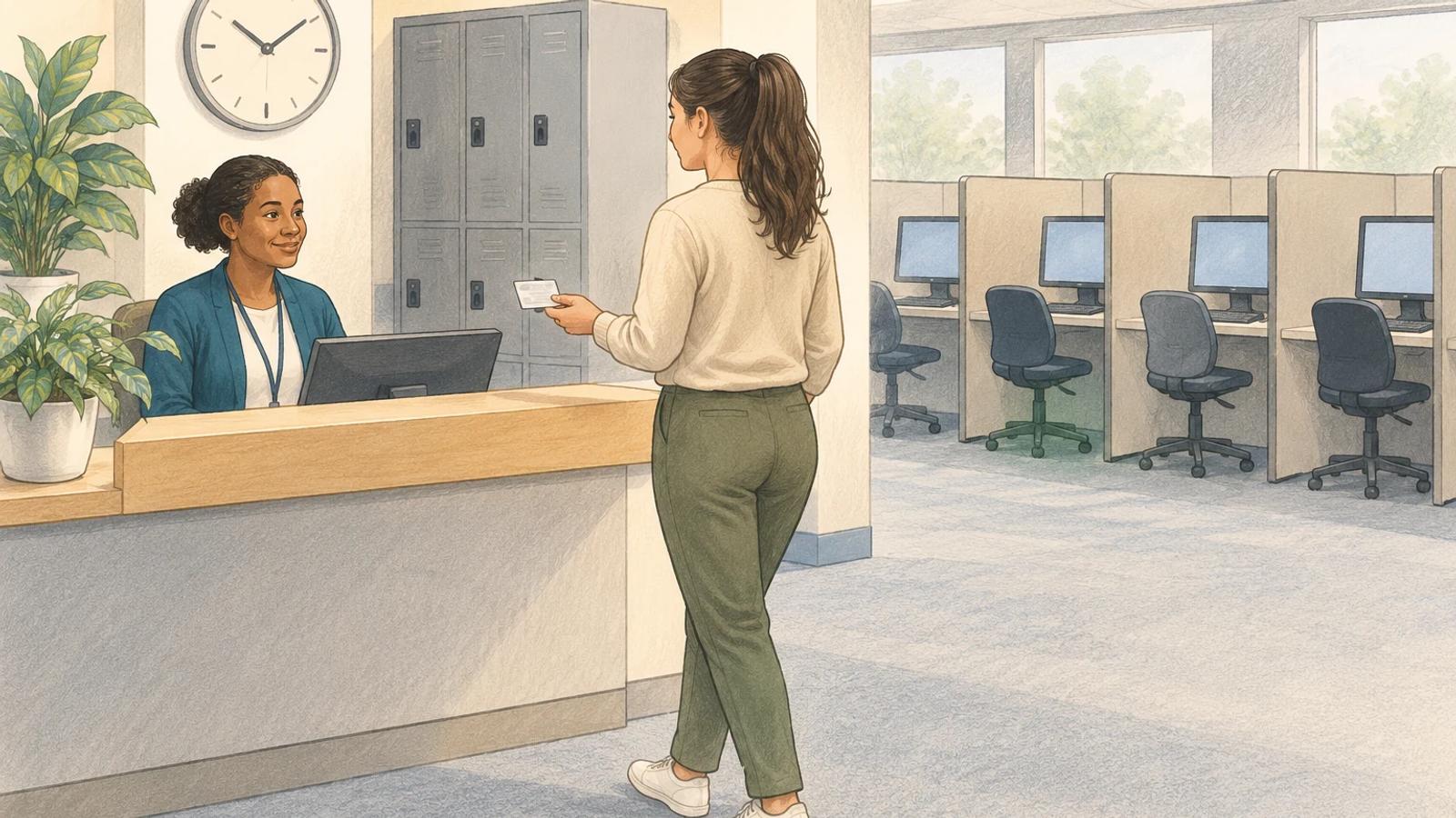 Candidate arriving at an examination-center reception with physical identification, lockers and testing cubicles in view.