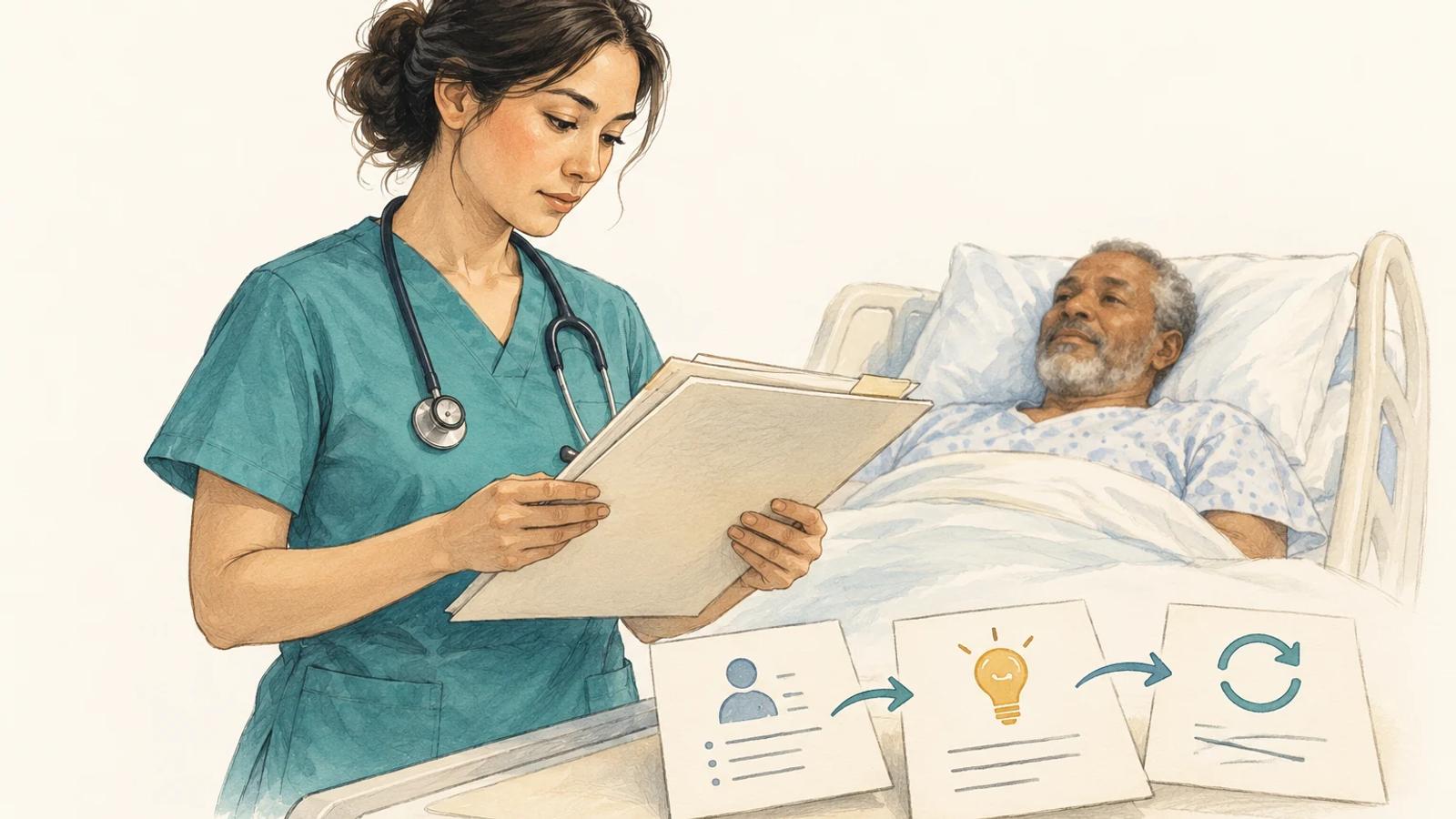 Nurse reviewing patient information at a bedside, with paper notes representing clinical reasoning.
