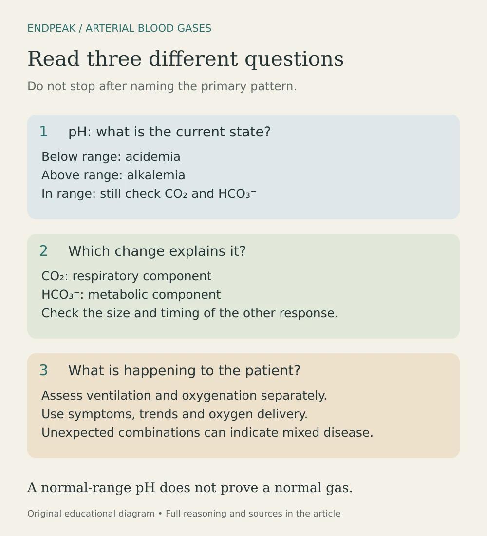 ABG interpretation sequence: describe pH, identify the explanatory component and expected response, then assess the patient and oxygenation.