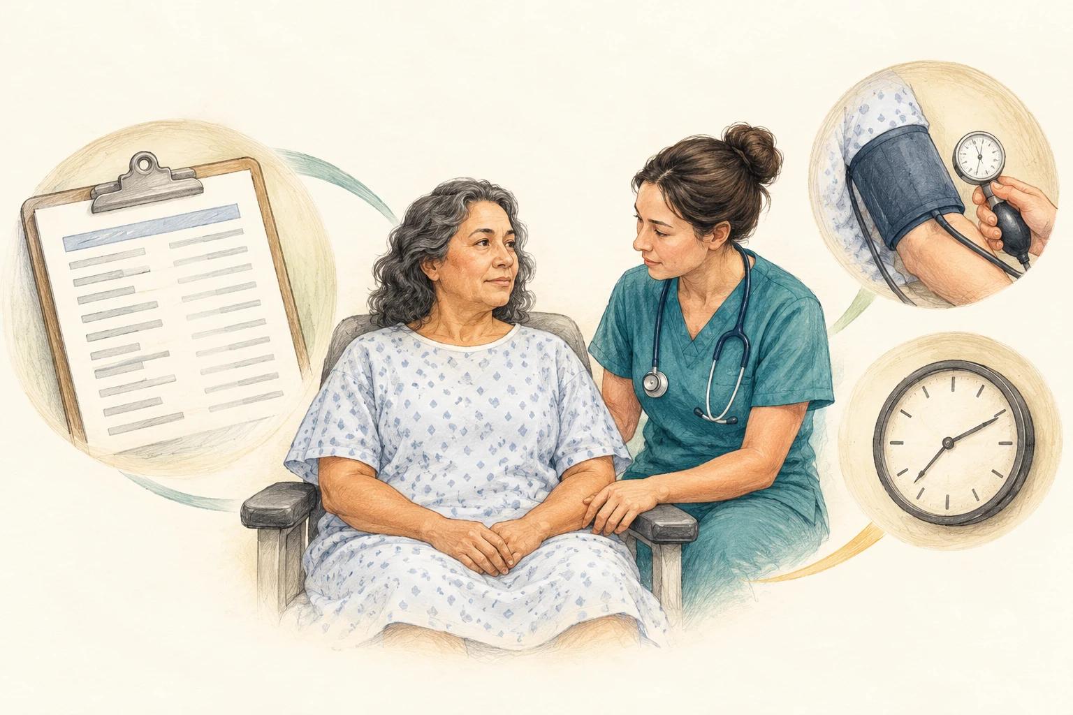 Nurse observing a seated patient beside a laboratory report, blood pressure assessment and clock.
