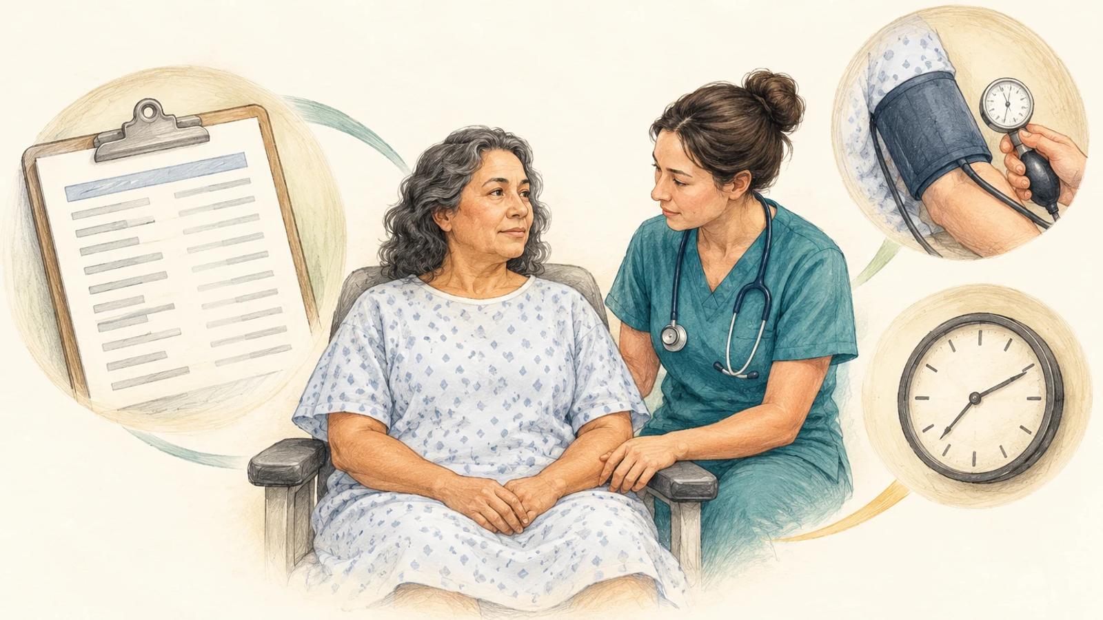 Nurse observing a seated patient beside a laboratory report, blood pressure assessment and clock.