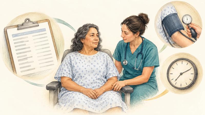 Nurse observing a seated patient beside a laboratory report, blood pressure assessment and clock.