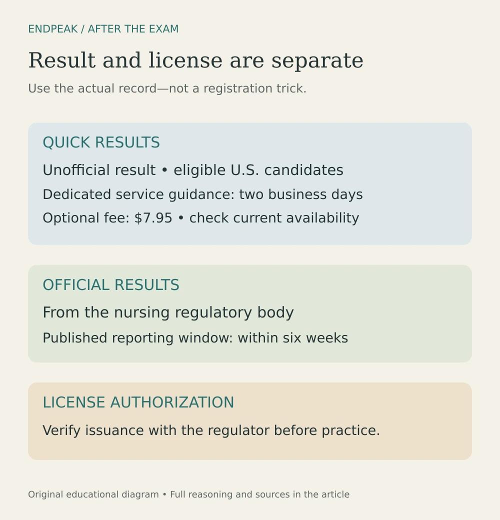 NCLEX Quick Results, official results and license authorization are separate records with different timing and responsible organizations.