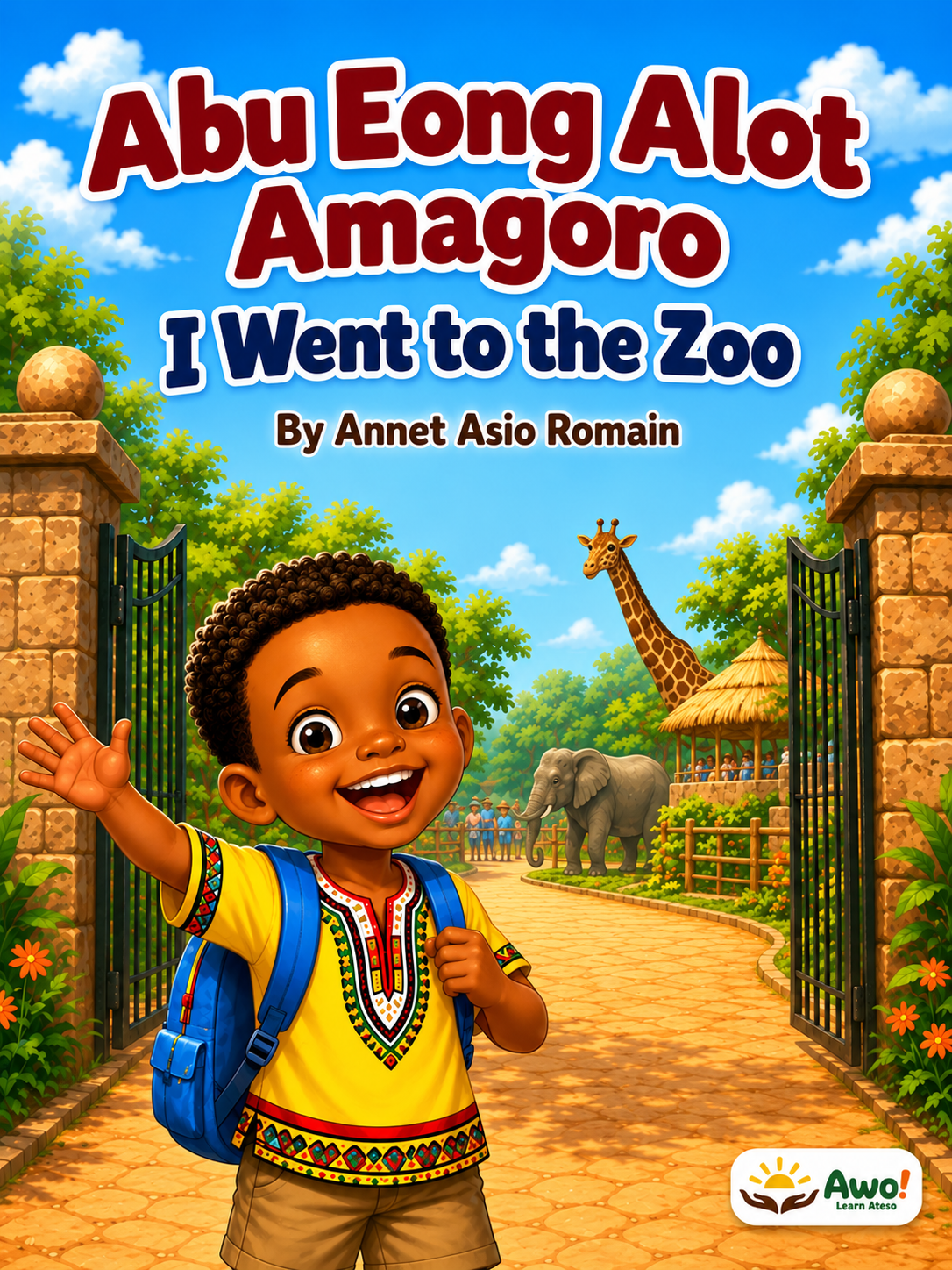 An Iteso child at the zoo with a zebra, lion, monkey, and hippopotamus.