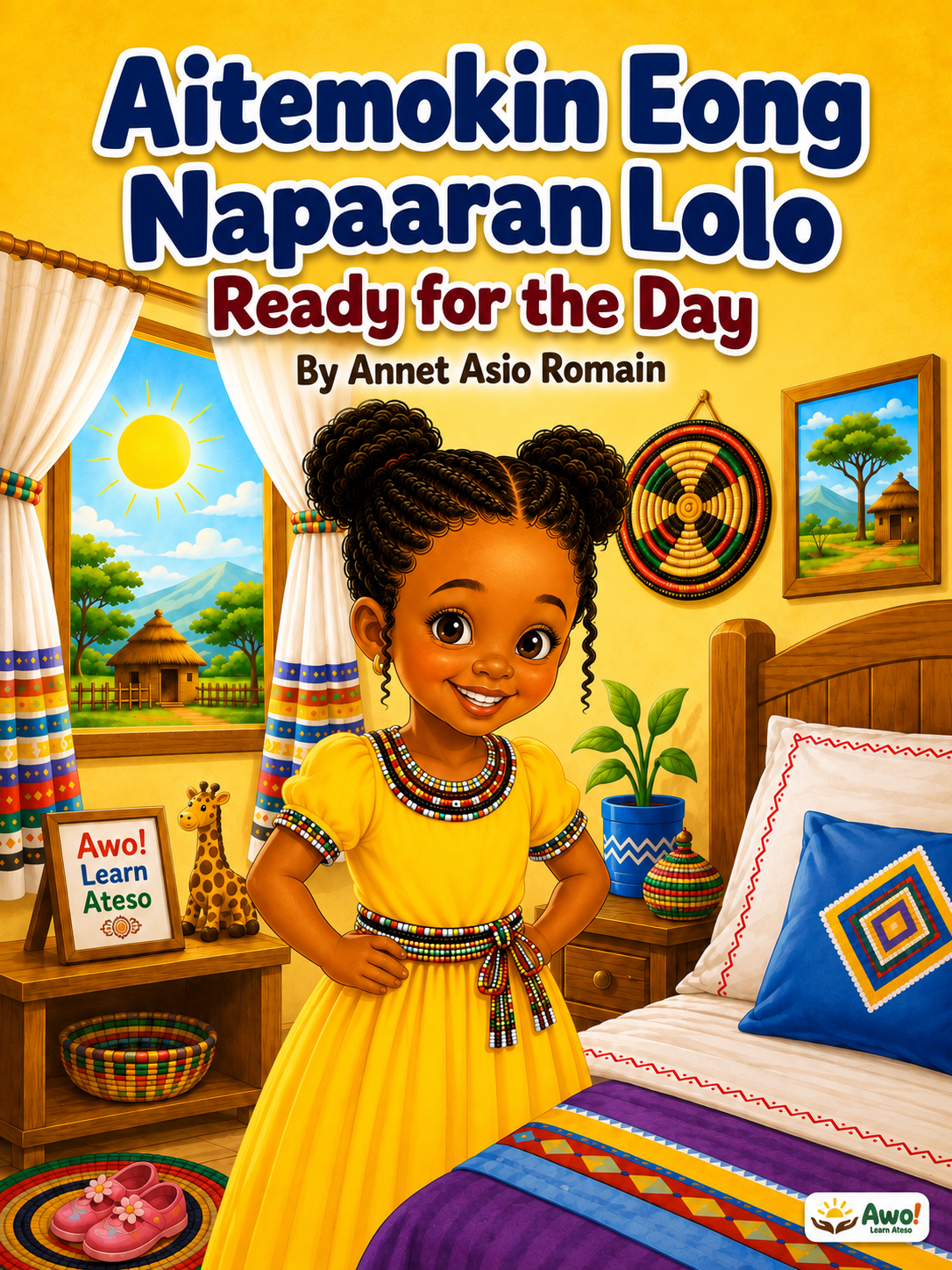 An Iteso girl making her bed in a bright bedroom, ready for the day.