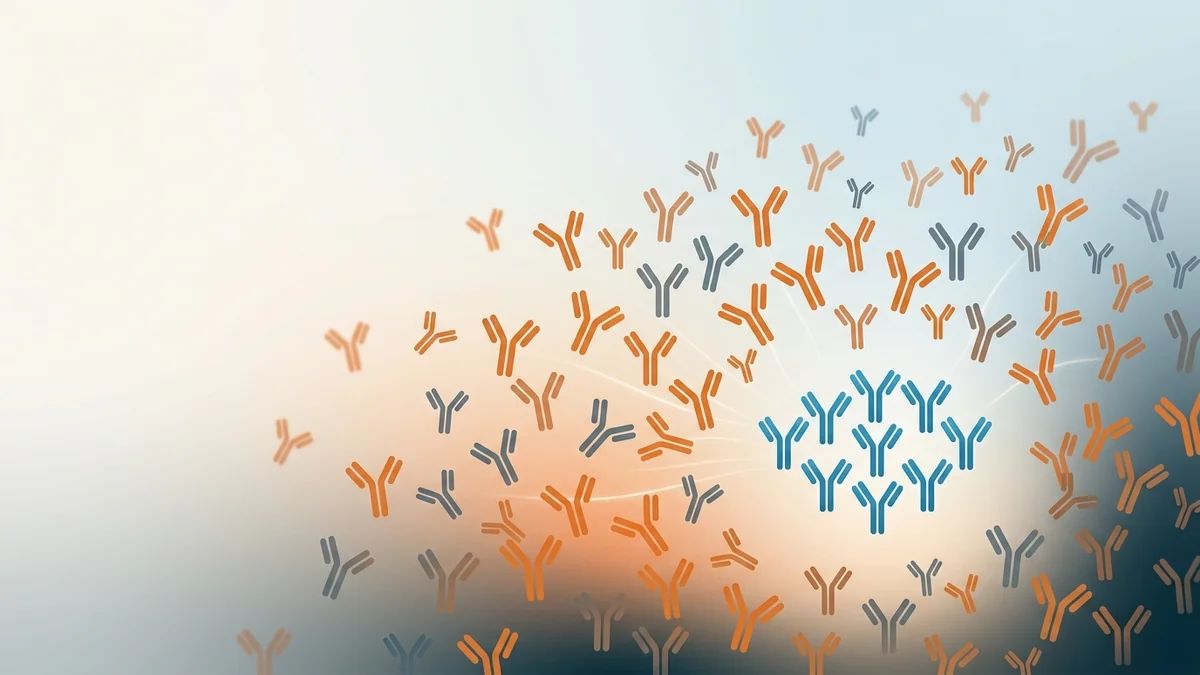 A dense field of antibody glyphs in orange and grey surrounds a small central cluster in blue, the named autoantibodies set against the much larger response around them.