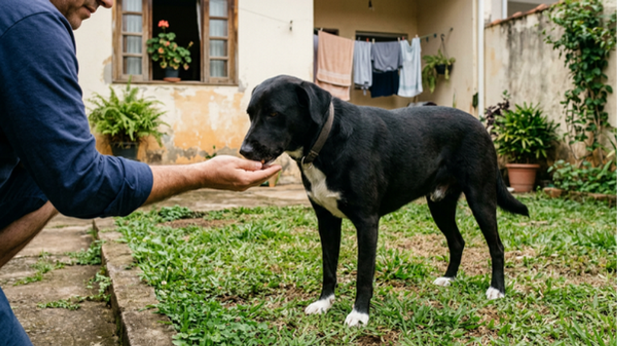 A foto mostra um cão adulto num quintal recebendo petisco da mão do seu tutor.