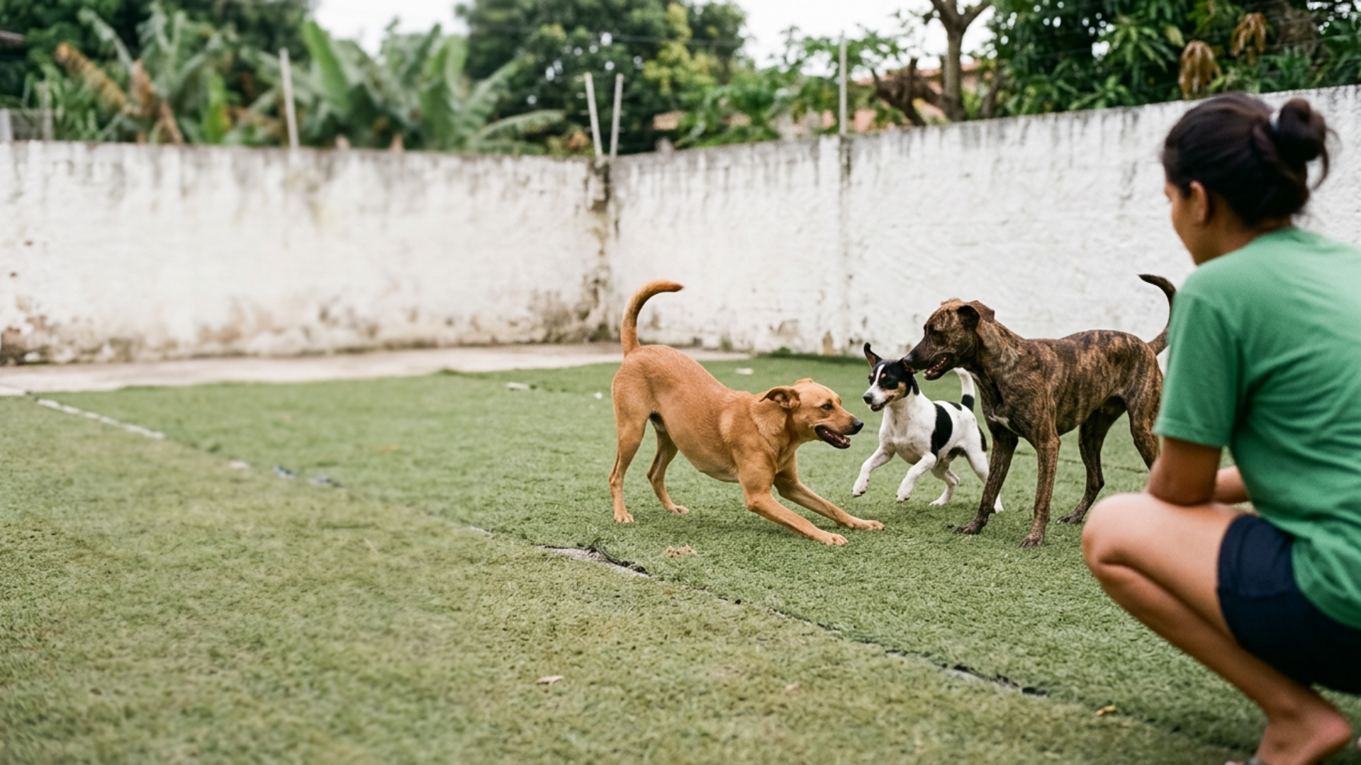 A foto de três cães sem raça definida, de portes diferentes, brincando numa creche, com uma cuidadora observando sem o rosto aparecer