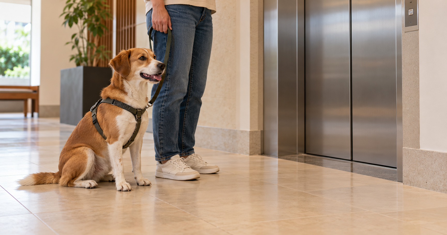 Um cão em destaque, luz natural e sem rosto identificável do tutor, esperando o elevador.